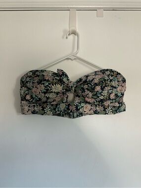 Vintage Floral Bandeau Bikini Top - Navy Base with Pink & Green Flowers
